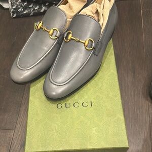 Gucci Grey Leather Horsebit Slip-On Loafers